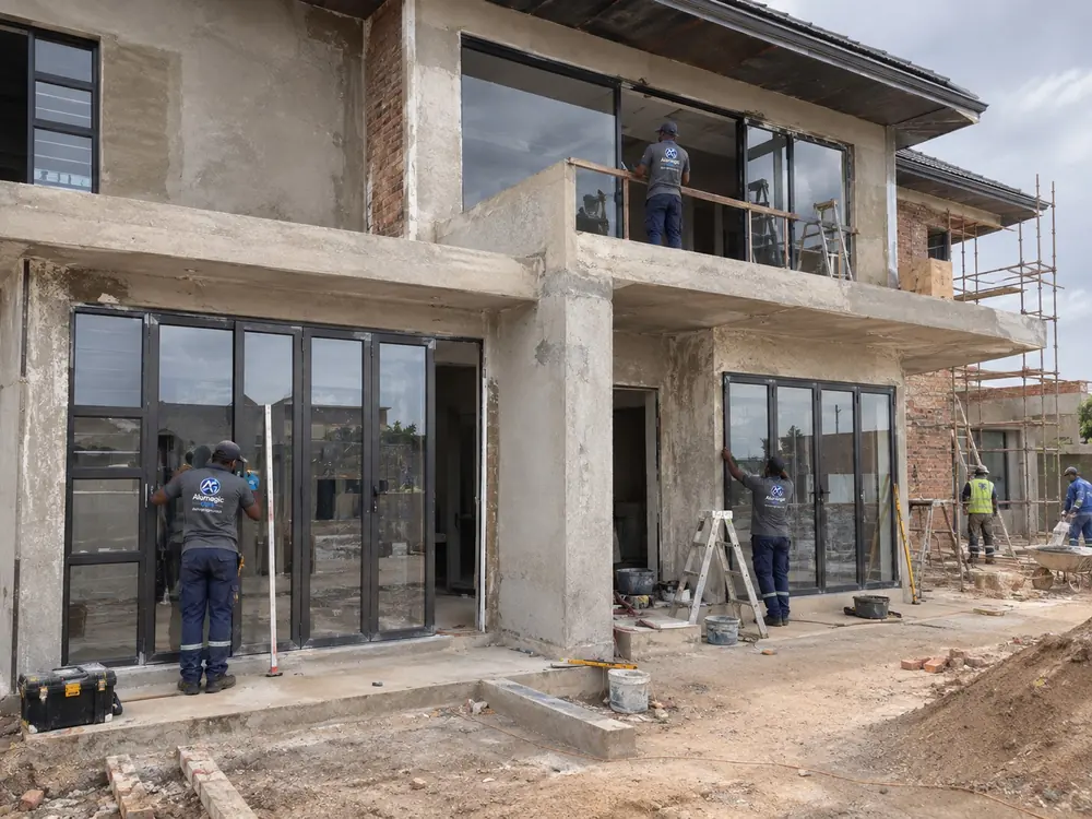 Alumagic Glass team installing aluminium doors and windows on a new build