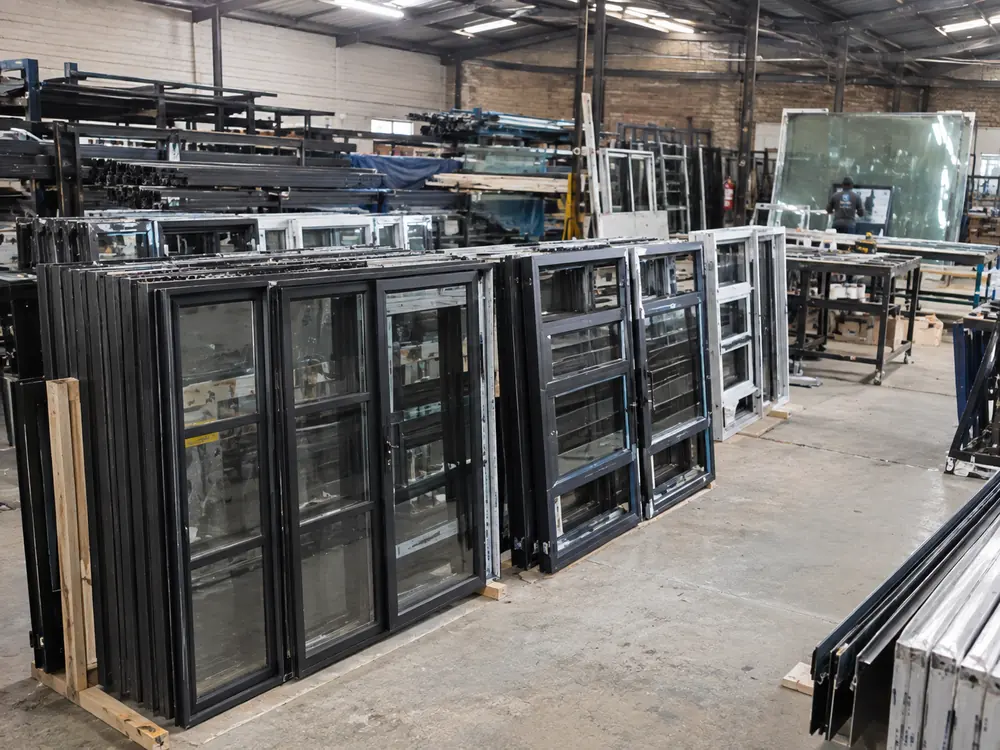 Aluminium window frames stacked in the Alumagic Glass workshop